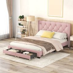 a bed with pink headboard and foot board in a white room next to a window