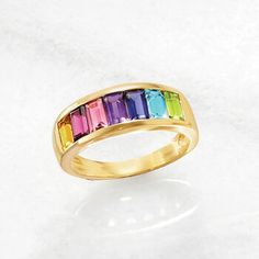 Ross-Simons - 2.20 ct. t. w. Multi-Gemstone Ring in 14kt Yellow Gold. Size 5. Get all the colors of the rainbow in this punchy multi-stone ring. Channel-set baguettes of peridot, sky blue topaz, iolite, amethyst, pink tourmaline, rhodolite garnet and citrine come together for a total weight of 2.20 carats. 1/4" wide. Multi-gem ring. Fine Jewelry Rainbow Multi-stone Rings, Rainbow Multi-stone Rings In 14k Gold, 14k Gold Rainbow Multi-stone Rings, 14k Gold Rainbow Rings With Multi-stone, Multicolor Multi-stone Emerald Cut Rings, Rainbow Gemstone Accented Rings For Anniversary, Rainbow Gemstone Rings For Anniversary, Rainbow Gemstone Anniversary Rings, Anniversary Rainbow Rings With Gemstone Accents