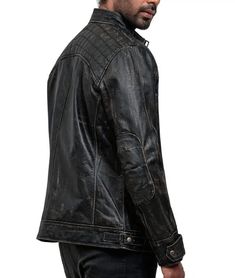 Men's Vintage Motorcycle Leather Jacket In Black Experience timeless style with our men's vintage motorcycle leather jacket. Crafted from premium sheepskin with a semi-aniline finish, this jacket offers durability and a sophisticated look. The inner viscose lining ensures comfort, while the distressed biker design adds an edge. Featuring a zipper closure, band collar, and snap button cuffs, it's practical too, with multiple zip pockets inside and out for convenience. Outer Shell: Genuine Leather Leather Type: Sheepskin Leather Finish: Semi-aniline Inner Shell: Viscose Lining Features: Quillted Shoulder With Distressed Biker Look Closure Style: Zipper Collar Style: Band Cuffs Style: Snap Button Inside Pockets: One Outside Pockets: Two Side Zip Pockets And Two Breast Zip Pockets Color: Black Rugged Leather Biker Jacket For Motorcycling, Rugged Leather Motorcycle Jacket, Rugged Leather Biker Jacket, Rugged Leather Outerwear For Biker Events, Rugged Leather Jacket For Biker Events In Winter, Rugged Leather Jacket For Winter Biker Events, Moto Style Distressed Brown Leather Jacket, Distressed Brown Leather Jacket For Biker Events, Leather Jacket For Urban Adventures