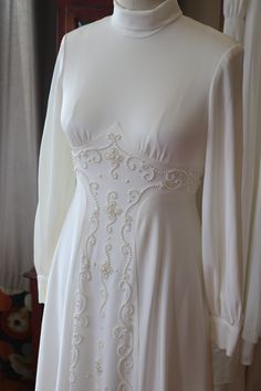 Vintage antique 1970s 1960s gown! I love this dress! Size 4/6 message me for more info its fabulous Boho hippie high fashion wedding gown. More pictures on fb: https://www.facebook.com/media/set/?vanity=RetroVintageWeddings1920s1930s&set=a.3620727078023309 60s Wedding Dress Vintage, Bohemian Embellished Wedding Gown, Bohemian Wedding Gown Embellished, Bohemian Long Sleeve Vintage Dress For Wedding, Bohemian Long Sleeve Vintage Wedding Dress, Vintage Embellished Wedding Gown, High Fashion Wedding, Dress References, Wedding Dresses 60s