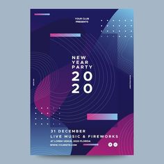 the new year party flyer is shown with abstract shapes and lines in purple, blue and pink