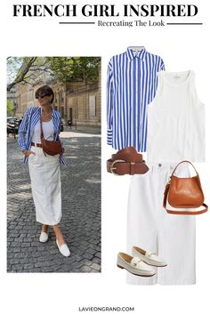 White Skirt With Blue Top, Black Plated Skirt Outfit Summer, What To Wear With White Loafers, Blue White Dress Outfit, White Jeans Skirt Outfit Summer, White Skirt Spring Outfit, Blue Spring Outfits Women, White Loafers Outfit Women Casual, Denim White Skirt Outfit