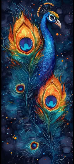 a painting of two peacocks with blue and orange feathers