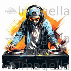 a man with headphones is djing at a turntable in front of an abstract background