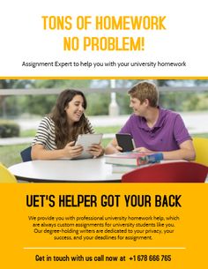 an advertisement for the university's homework program, with two students sitting at a table