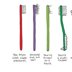 four different types of toothbrushes with the words you enjoy brushing your teeth, if it's simple but frugal