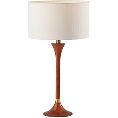 a wooden table lamp with a white lampshade on the bottom and a gold base