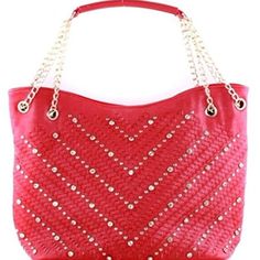 Red With Gold Trim Rhinestones & Studs Approximately 17" X 12" X 6" Prada Leather Tote, Purple Leopard Print, Purple Leopard, Studded Bag, Printed Purse, Rhinestone Heels, Small Tote Bag, Carpet Bag, Cute Handbags