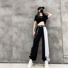 Gothic Black White MKlice High Waist Wide Leg Pants MK15192 - KawaiiMoriStore Harajuku High Waist Bottoms For Cosplay, High Waist Harajuku Bottoms For Cosplay, Black Harajuku High Waist Pants, Black Grunge Trousers, Black Harajuku Streetwear Pants, Trendy Black Pants For Cosplay, Casual Black Pants For Cosplay, Black Grunge Long Pants, Trendy White Bottoms With Belt