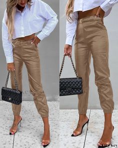 KatyKey - Premium PU Leather High Waist Cuffed Trousers Selling Sunset Fashion, Sunset Fashion, Cuffed Trousers, Fall Outfits Y2k, Leather Pants Women