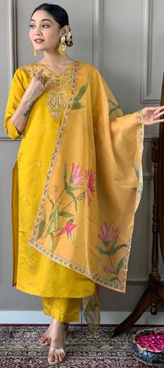 Yellow color Salwar Kameez in Viscose fabric with Embroidered, Resham, Sequence, Thread work Art Silk Lawn Suit With Zari Work, Art Silk Lawn Suit With Zari Work, Straight Kurta, Yellow Mulmul Dupatta For Eid, Bollywood Style Art Silk Lawn Suit For Diwali, Bollywood Art Silk Lawn Suit For Diwali, Diwali Bollywood Style Lawn Suit In Art Silk, Festive Yellow Mulmul Dupatta, Festive Art Silk Lawn Suit With Traditional Drape, Yellow Mulmul Salwar Kameez With Zari Work