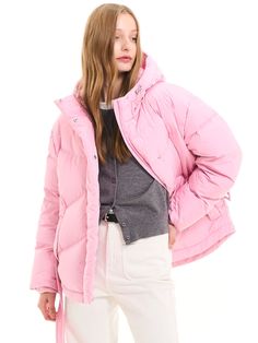 Editor's notesIt is a casual puffer down jacket in feminine silhouette. The jacket covers body and keeps warmth with the hood and hip length design. The jacket has ribbed cuffs and placket to block wind. The silhouette of the jacket is adjustable using drawcord and belt on the waist.- Hood with drawcord- Feminine silhouette- Ribbed cuffs- Side pocketsMeasurements(in.)S / M / L- Shoulder: 20.1 in. / 20.5 in. / 20.9 in.- Chest: 23.2 in. / 24 in. / 24.8 in.- Waist: 21.7 in. / 22.4 in. / 23.2 in.- Hem: 23.2 in. / 24 in. / 24.8 in.- Sleeve Length: 22.4 in. / 22.8 in. / 23 in.- Sleeve: 9.1 in. / 9.3 in. / 9.4 in.- Front Length: 26.4 in. / 26.8 in. / 27.2 in.- Back Length: 27.6 in. / 28 in. / 28.3 in.*Model info: Height 5â 9â Bust 34 Waist 25 Hip 35 / Fitting s Pink Down Puffer Jacket With Detachable Hood, Pink Puffer Jacket With Detachable Hood For Cold Weather, Hooded Down Puffer Jacket With Ribbed Cuffs, Pink Down Winter Outerwear, Hooded Duck Down Puffer Jacket For Spring, Pink Down Puffer Jacket With Padded Collar, Spring Puffer Jacket With Detachable Hood And Duck Down, Pink Down Puffer Jacket For Fall, Pink Quilted Puffer Jacket For Winter