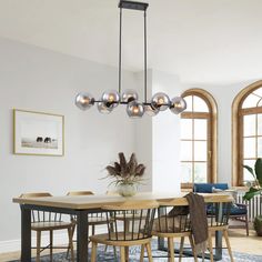 a dining room table with chairs and a potted plant