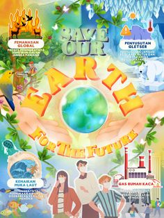 the poster for save our earth to the future, with people holding out their hands