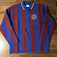 Aime Leon Dore Ald Long-Sleeve Knit Stripe Soccer Jersey Sweater In Merlot/Royal Size Large Teddy Santis Queens Nyc. Brand New With Tags. 100% Authentic Guaranteed. Fast And Free Shipping Maroon & Blue Knit Jersey Striped Pattern Throughout Embroidered Logo At Left Front Full Needle Ribbed Collar Tubular Jersey Hem & Cuffs 100% Cotton Dry Clean Only Made In China Navy Wool Long Sleeve Polo Sweater, Navy Long Sleeve Wool Polo Sweater, Navy Knitted Long Sleeve Top, Blue Wool Tops With Ribbed Cuffs, Blue Knitted Wool Tops, Blue Wool Long Sleeve Tops, Blue Wool Long Sleeve Cardigan, Teddy Santis, Nice Accessories