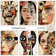 collaged faces with different pictures and words