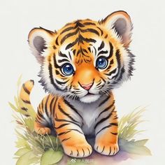 a painting of a tiger cub with blue eyes sitting on grass and looking at the camera