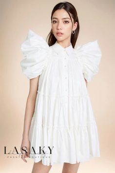 Lasaky - Ruched Ruffle Babydoll Mini Dress with Swingy Puff Sleeves White Organza Puff Sleeve Mini Dress, Romantic House, White Dress Styles, Vacation Dresses Beach, Babydoll Mini Dress, House Dress, Vacation Dresses, Mini Dress With Sleeves, Trending Dresses