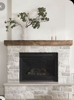 a white fireplace with a wooden mantle and potted plant on it's mantle