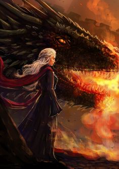 a woman with long white hair standing in front of a fire filled sky and flames