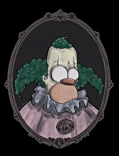 a drawing of a clown with green hair in a round frame on a black background