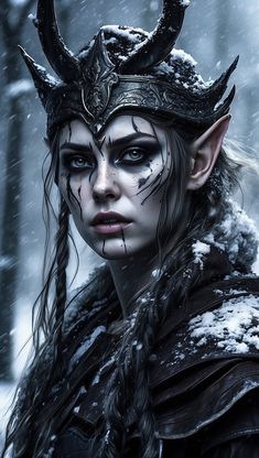 a woman with horns and makeup in the snow