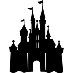 a black and white silhouette of a castle with flags on it's roof,