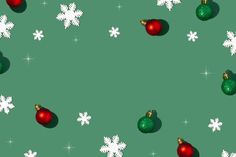 christmas ornaments and snowflakes on a green background