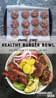 meatballs and vegetables in a bowl with text overlay that reads meal prep healthy burger bowl