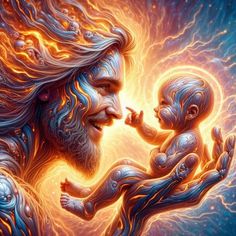 a painting of jesus holding a baby in his arms with fire and water swirling around him