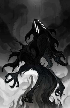 a black and white drawing of a demon standing in the dark with its eyes closed