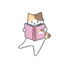 a cat that is holding a book in it's paws and wearing a pink outfit