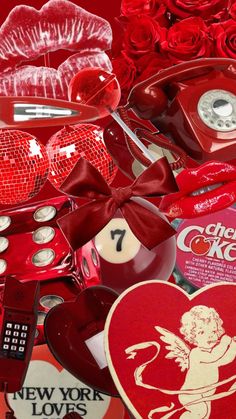 various valentine's day items are arranged on display