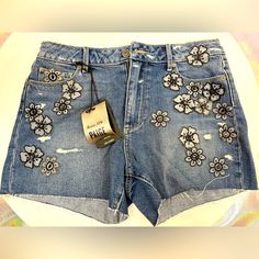 Paige / Rosie Hw High-Waisted Denim Flower Shorts Size 27 Flower, Crystal, And Bead Embellishments Nwt Rosie Hw, Destructed Jeans, Cutoff Jean Shorts, Denim Flowers, Flower Shorts, Flower Crystal, Mid Rise Shorts, Purple Shorts, Denim Cutoffs