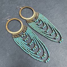 Looped Fringe Hoop Earrings in Turquoise, Long Seed Bead Beaded Hoops, Handwoven Statement Jewelry, Birthday Gifts for Her, Shoulder Dusters - Etsy Blue Hand-strung Bohemian Earrings, Turquoise Dangle Earrings With Large Beads, Bohemian Hand-strung Dangle Jewelry, Bohemian Blue Hand-strung Earrings, Adjustable Beaded Turquoise Chandelier Earrings, Bohemian Turquoise Beaded Chandelier Earrings, Turquoise Beaded Earrings With Dangling Beads For Festivals, Turquoise Beaded Chandelier Earrings With Round Beads, Bohemian Beaded Chain Dangle Chandelier Earrings