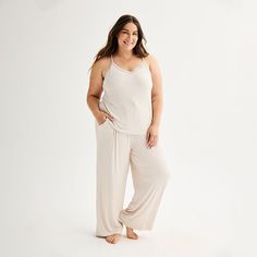 Give bedtime a cute and cozy upgrade with this Plus Size Sonoma Goods For Life Lace Trimmed Camisole & Pants Pajama Set. Click on this INTIMATES & SLEEPWEAR GUIDE to find the perfect fit and more! FEATURES 2-piece set includes: camisole, pants Camisole: lace lined v-neck, sleeveless, straight hem Pants: elastic waistband, 2 side pocketsFIT & SIZING 18 1/4-in. length from shoulder to hem 29 1/2-in inseam 11-in leg opening Midrise sits on the high hipFABRIC & CARE Rayon, spandex Ribbed constructio Comfortable Sleepwear Long Pants For Sleepover, Soft Comfortable Sleepwear For Loungewear, Comfortable Long Pants Sleepwear, Comfortable Soft Sleepwear For Lounging, Soft Comfortable Sleepwear For Lounging, Sleeveless Relaxed Fit Sleepwear For Bedtime, Comfortable Soft Sleepwear For Pajama Party, Comfortable Soft Sleepwear For Relaxation, Soft Comfortable Sleepwear For Relaxation