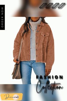 Ripped Hem Oversized Tan Corduroy Trucker Jacket Best Winter Cord Coat Womens Brown Button-up Denim Jacket For Fall, Trendy Brown Outerwear With Corduroy Collar, Casual Long Sleeve Corduroy Outerwear, Oversized Casual Corduroy Outerwear, Oversized Corduroy Casual Outerwear, Casual Corduroy Outerwear With Pockets, Casual Corduroy Collared Outerwear, Brown Outerwear With Corduroy Collar For Spring, Casual Collared Corduroy Outerwear