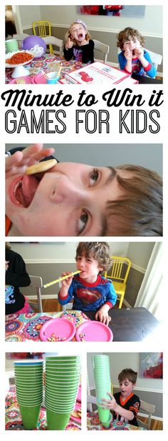 there is a collage of photos with children eating and drinking at the table together