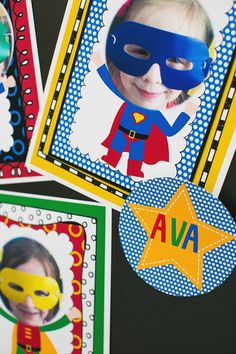 some cards with pictures of children wearing masks