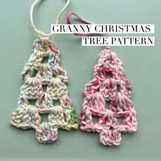 two crocheted christmas tree ornaments with text overlay reading granny christmas tree pattern