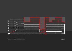 an architectural drawing of a building with red lines on the side and grey walls behind it