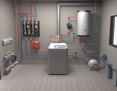 an image of a room with pipes and water heater on the wall in it