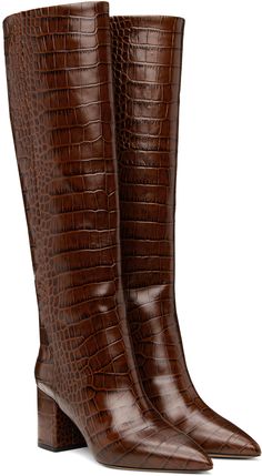 Knee-high croc-embossed leather boots in brown. · Pointed toe · Buffed leather lining · Covered block heel with rubber injection · Leather sole · Heel: H2.5 Supplier color: Cioccolato Dark Brown Knee High Boots, Winter Chocolate, Crocodile Boots, Brown Knee High Boots, Black Queens, Round Toe Shoes, Black Boots Tall, Pointed Toe Boots, Crocodile Skin