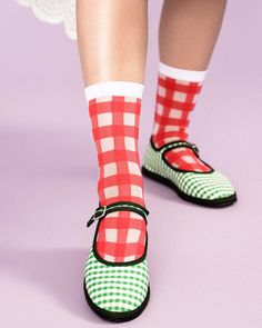 model wearing sheer crew socks with red and white plaid pattern Trendy Red Socks For Summer, Name A Better Duo, Mini Makeover, Best Duos, Jumpsuit Jacket, Teacher Style, Shoe Show, Drip Dry, Basel