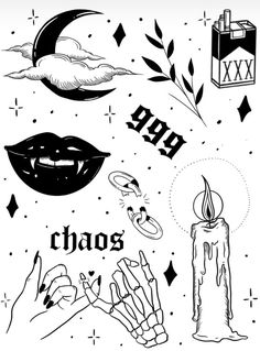 some black and white tattoos on a white background with the words chaos written in it