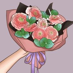 a hand holding a bouquet of pink roses