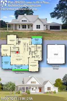 two story house plan with 3 bedroom and 2 bathrooms in the front, an open floor plan