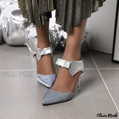 Olivia Mark - Chic Bow Embellished Pointed Toe Stiletto Sandals Ankle-high Heels For Party, Ankle Strap Embellished Heels For Party Season, Embellished Ankle Strap Heels For Party Season, Ankle-high Heels For Evening Party Season, Closed Toe Heels With Buckle Closure For Party, Chic Embellished Ankle-high Heels, Party Ankle-high Sandals With Heel Strap, Silver Ankle-high Heels For Party, Silver Ankle-high Party Heels