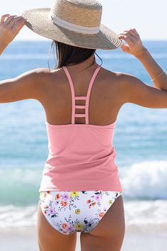 Tummy Control Floral Print Ruched Tankini Set – Beachsissi Sports Tankini With Built-in Padding And Stretch, Fitted Nylon Tankini With Built-in Padding, Pink Stretch Tankini With Underwire, Pink Underwire Stretch Tankini, Fitted Workout Tankini With Built-in Bra, Beach Tankini With Built-in Padding, Spring Tankini With Built-in Bra, Pink Elastane Tankini, Pink Sleeveless Elastane Tankini