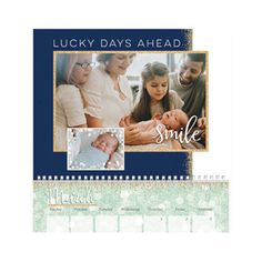 a calendar with two pictures of people and a baby on the cover, in blue